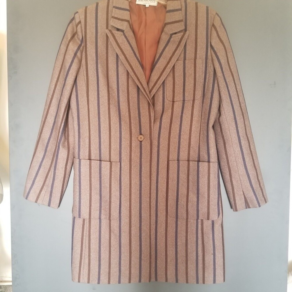 Ted Lapisus Long One Button 3 Pocket Brown Blue Stripe Shoulder Pad Blazer 42